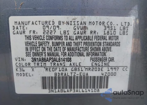 2010 Nissan Sentra 2.0S из США, поврежденный, VIN 3N1AB6AP3AL614108